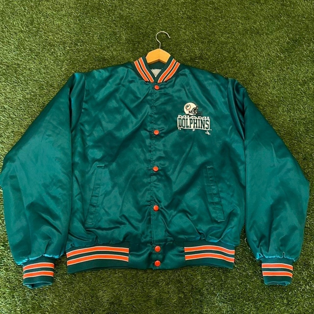 Chalk Line Varsity Jacket Mens L Teal Good Vintage Miami Dolphins Satin Bomber